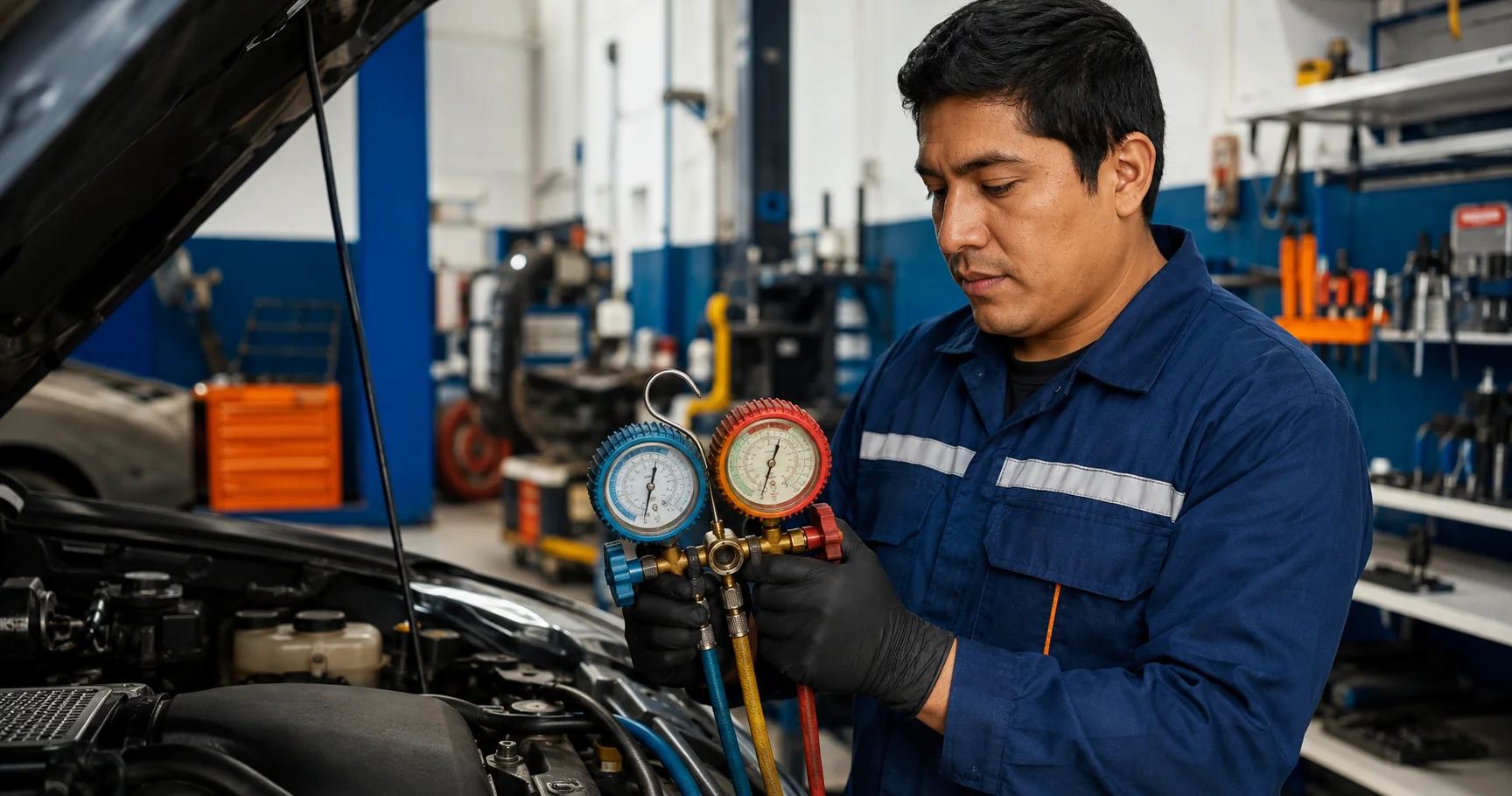 Técnico revisando el sistema de aire acondicionado de un auto en un taller mecánico de Lima