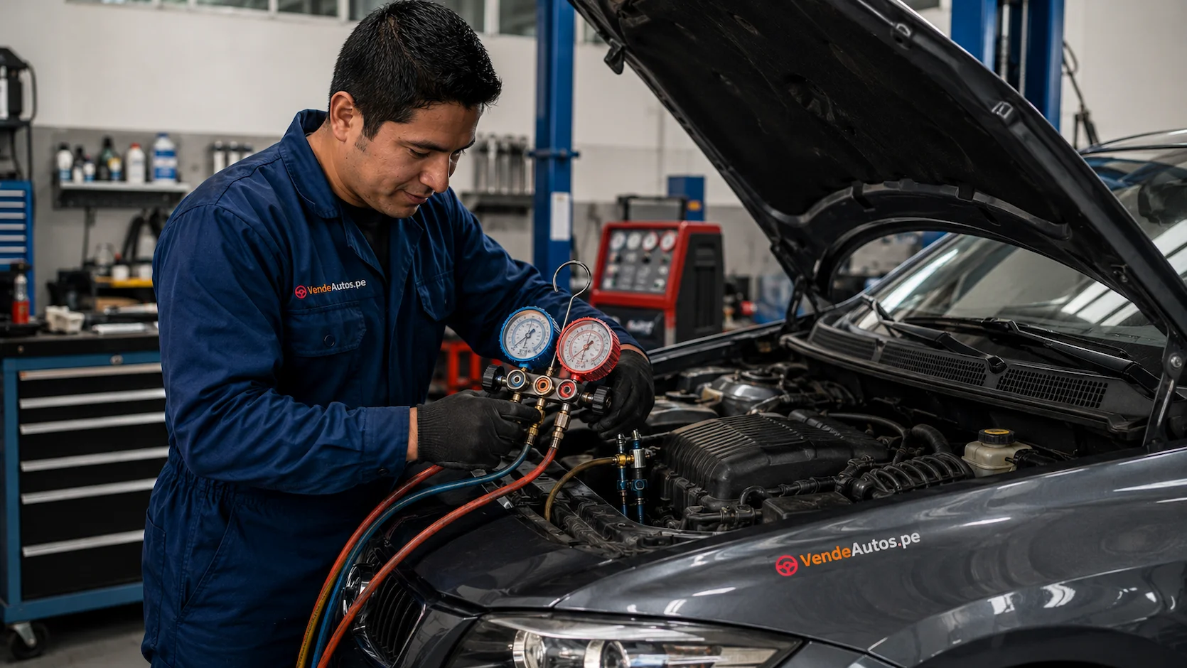 Técnico automotriz peruano en Lima recargando gas refrigerante y revisando presiones del sistema de aire acondicionado de un auto con manómetros azules y rojos