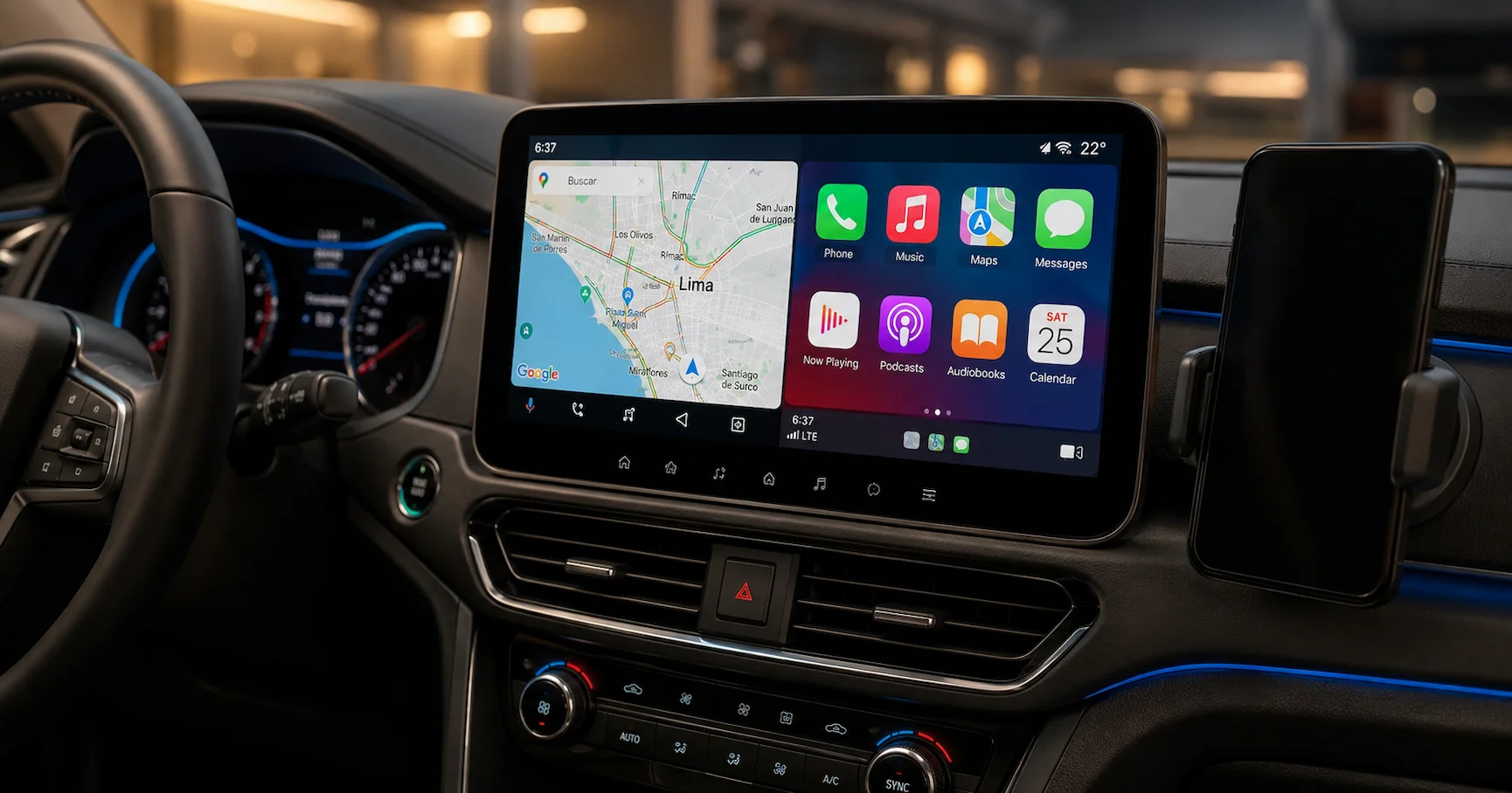 Pantalla multimedia de auto mostrando Android Auto y Apple CarPlay
