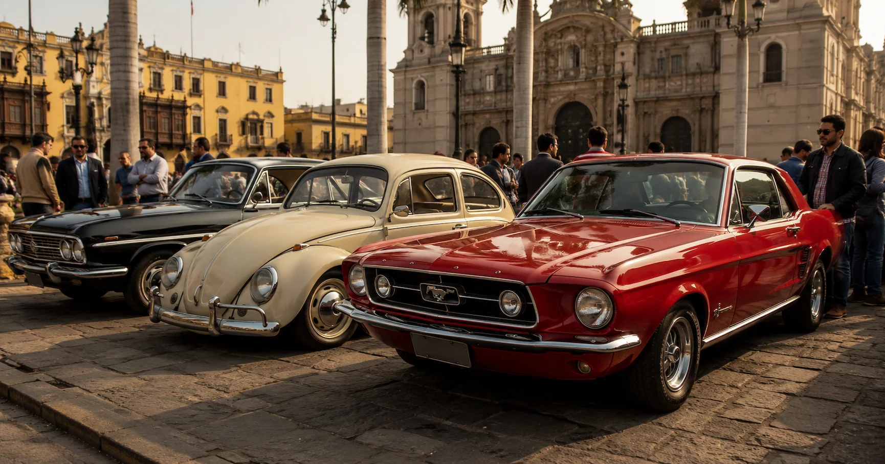 Exhibición de autos clásicos perfectamente restaurados en una plaza histórica de Lima con espectadores a los lados