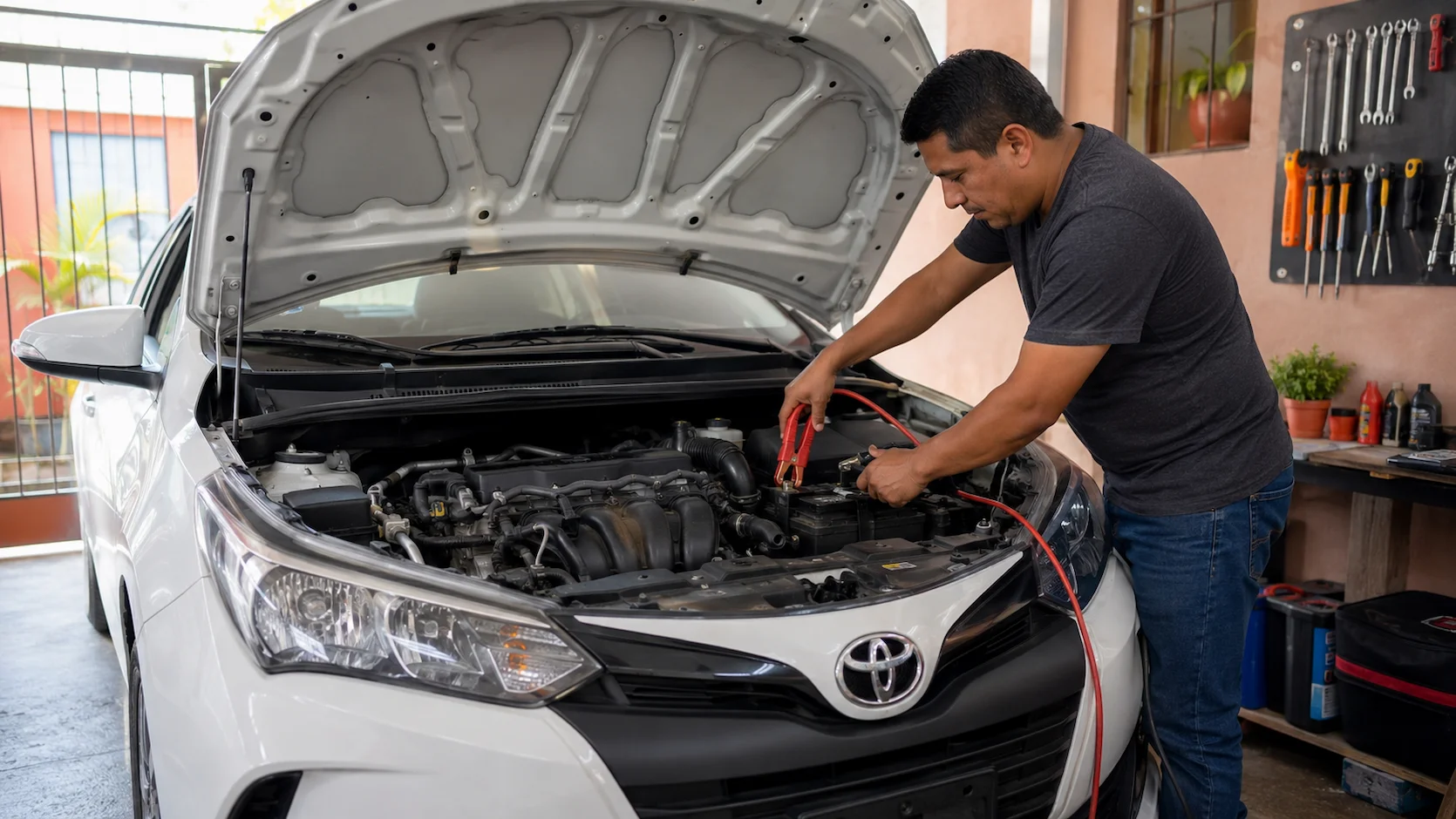 Conductor peruano conectando cables de arranque rojos y negros a la batería de un auto en una cochera de Lima con el logo de Bosch visible