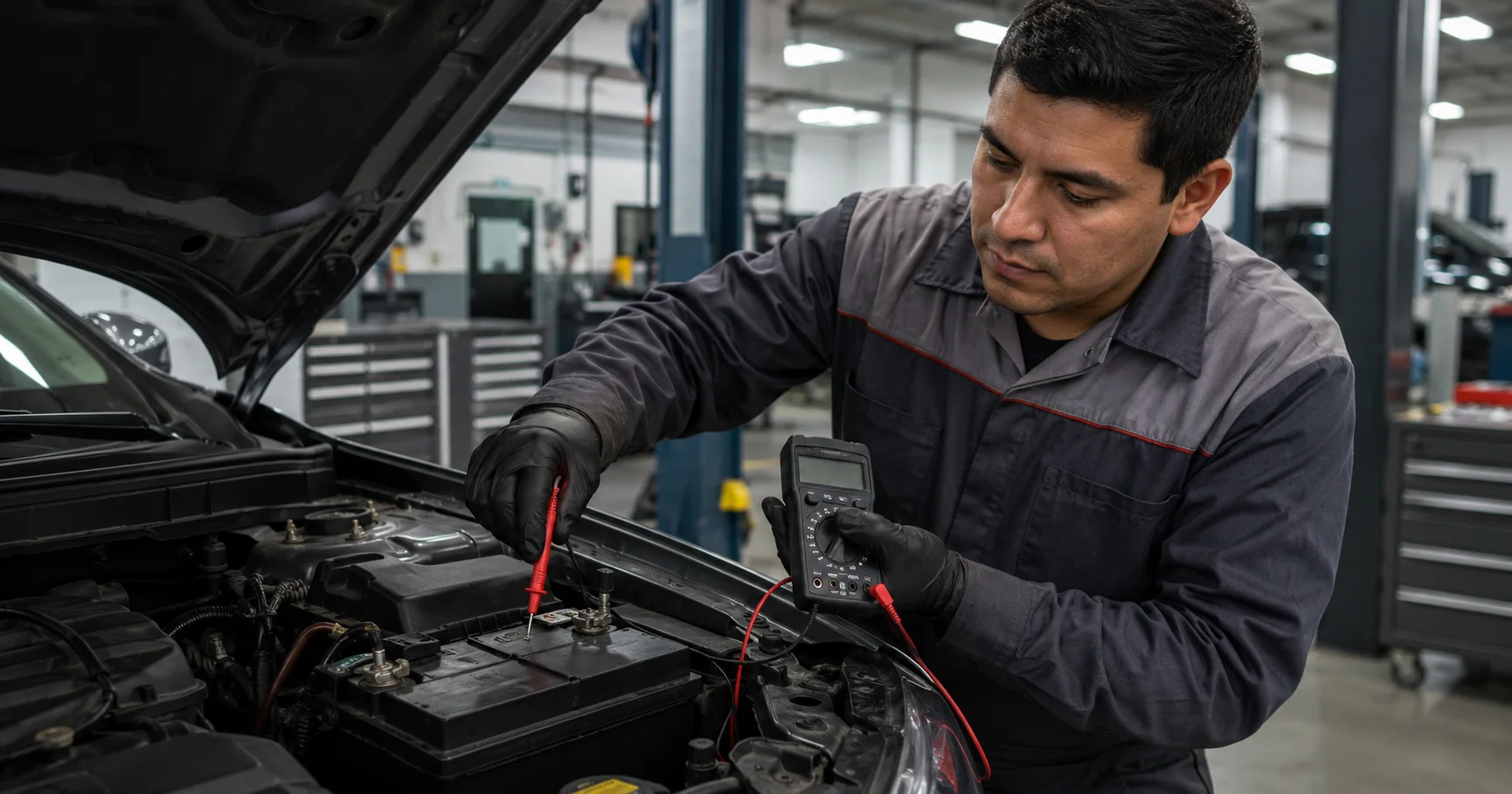 Mecánico peruano midiendo el voltaje de la batería de un auto con un multímetro digital en un taller de Lima