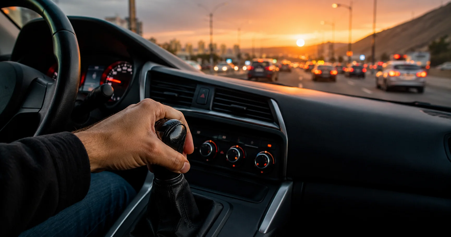 Primer plano de la mano de un conductor peruano sujetando la palanca de cambios manual de un auto en una avenida de Lima