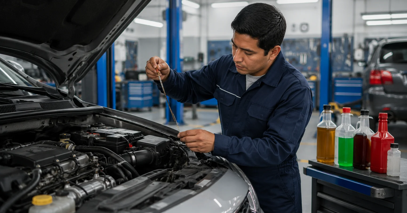 Mecánico revisando los líquidos del motor de un auto en taller peruano