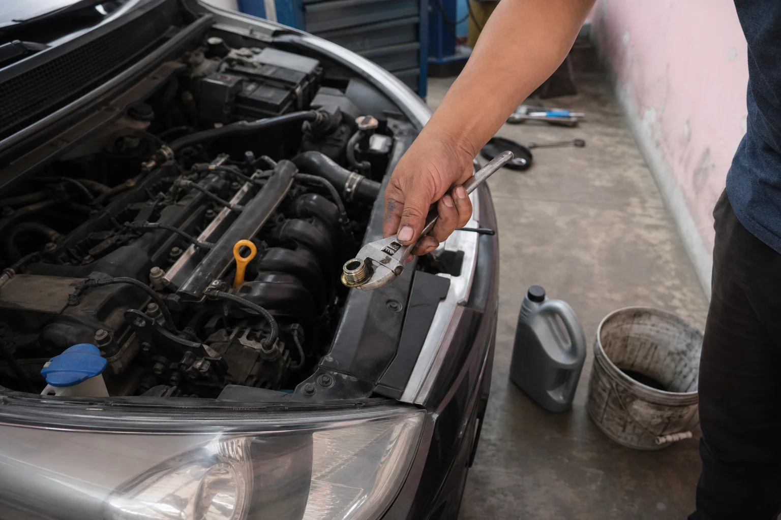 Mecánico aficionado cambiando el aceite del motor de su auto en una cochera
