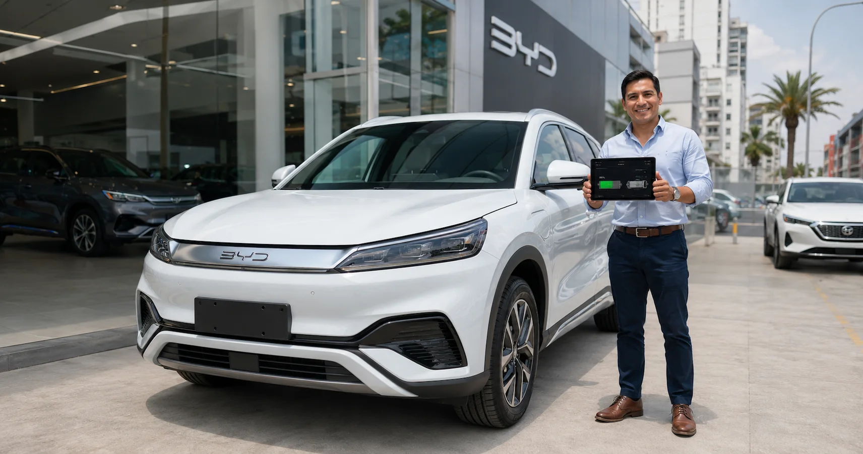 Comprador peruano inspeccionando un auto eléctrico de segunda mano con el capó abierto en un concesionario de Lima