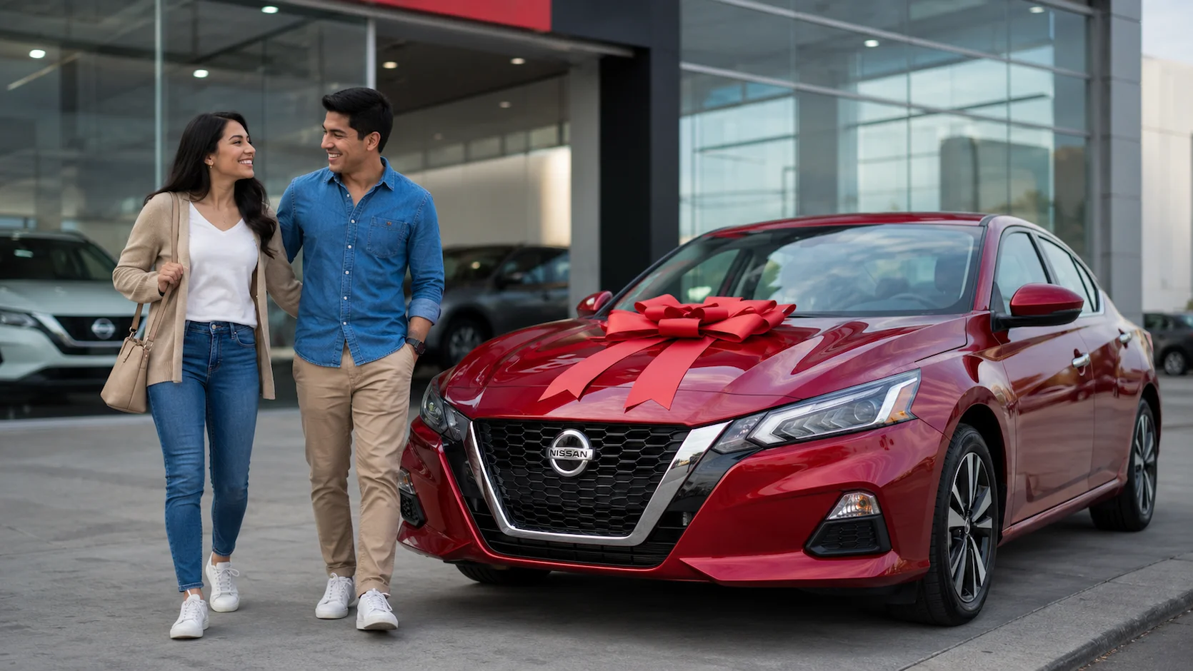 Pareja peruana sonriente saliendo de un concesionario de Lima con un auto nuevo color rojo con lazo de regalo y el logo de Nissan visible