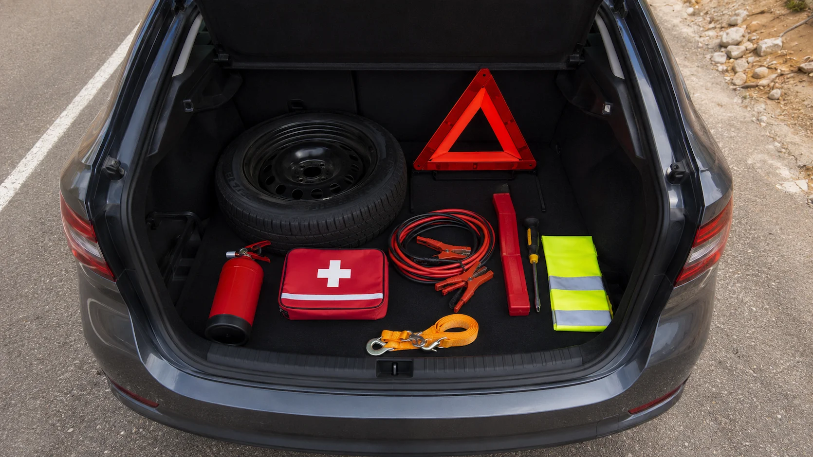 Kit de emergencia para auto extendido sobre el maletero de un vehículo en carretera peruana