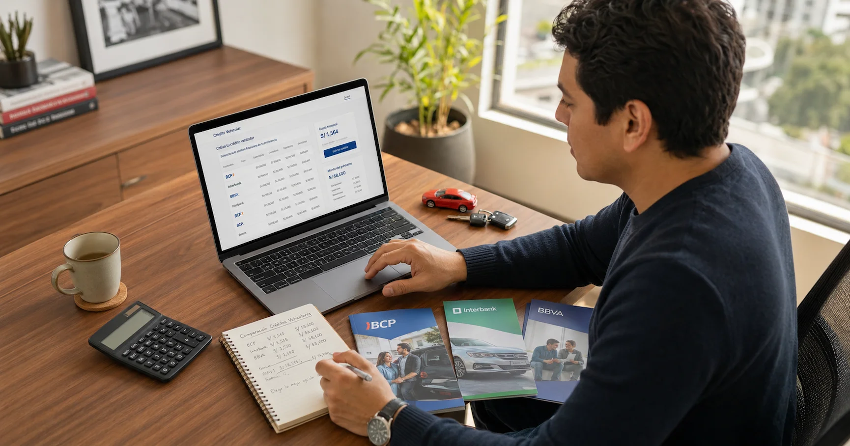 Persona comparando tasas de crédito vehicular en bancos del Perú con documentos y laptop