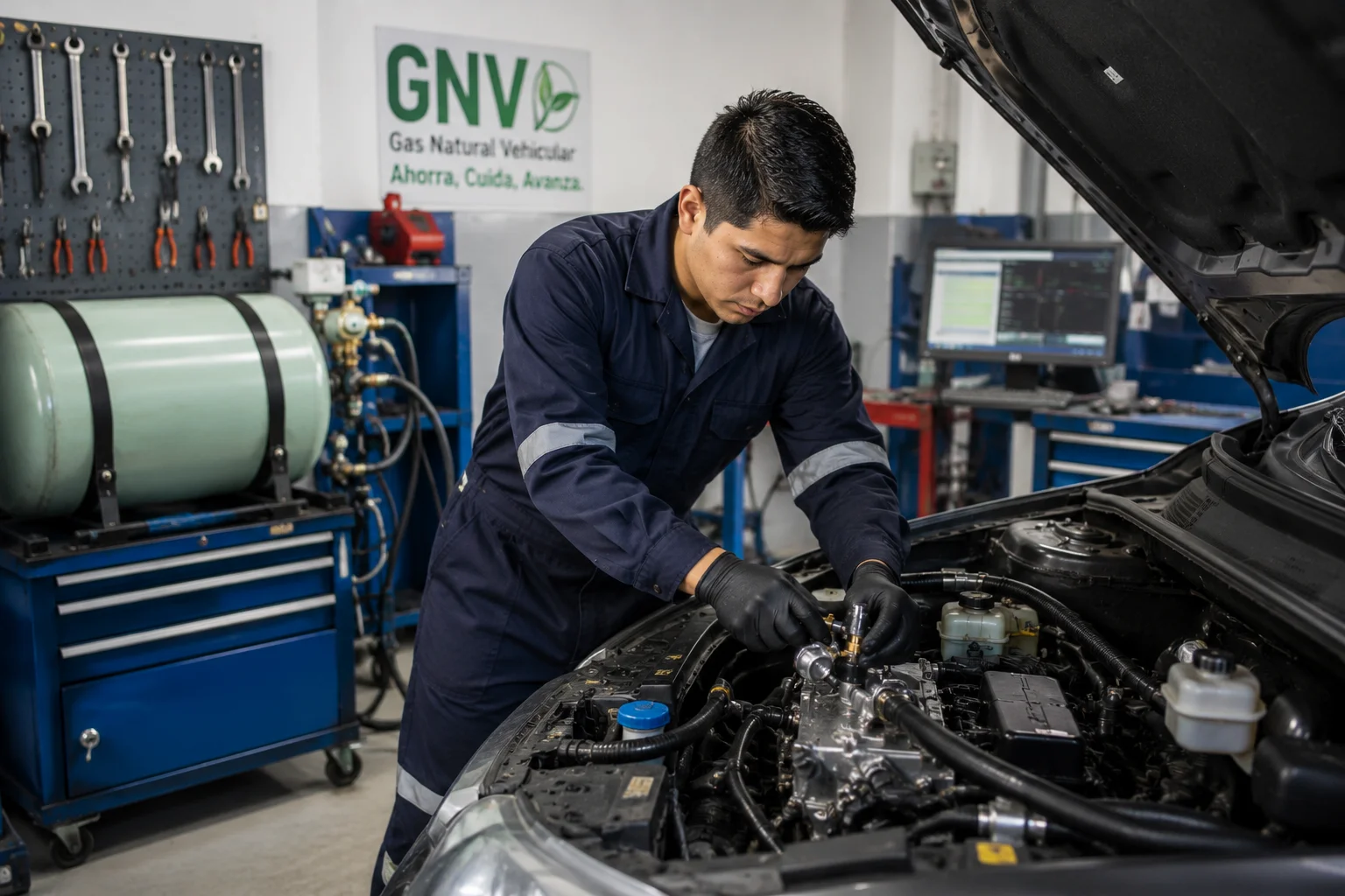 Técnico instalando kit de conversión a GNV en auto en taller certificado de Lima