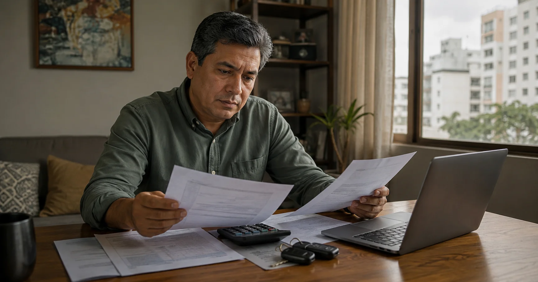 Conductor peruano revisando facturas de mantenimiento, SOAT y seguros de su auto en una mesa de su casa en Lima
