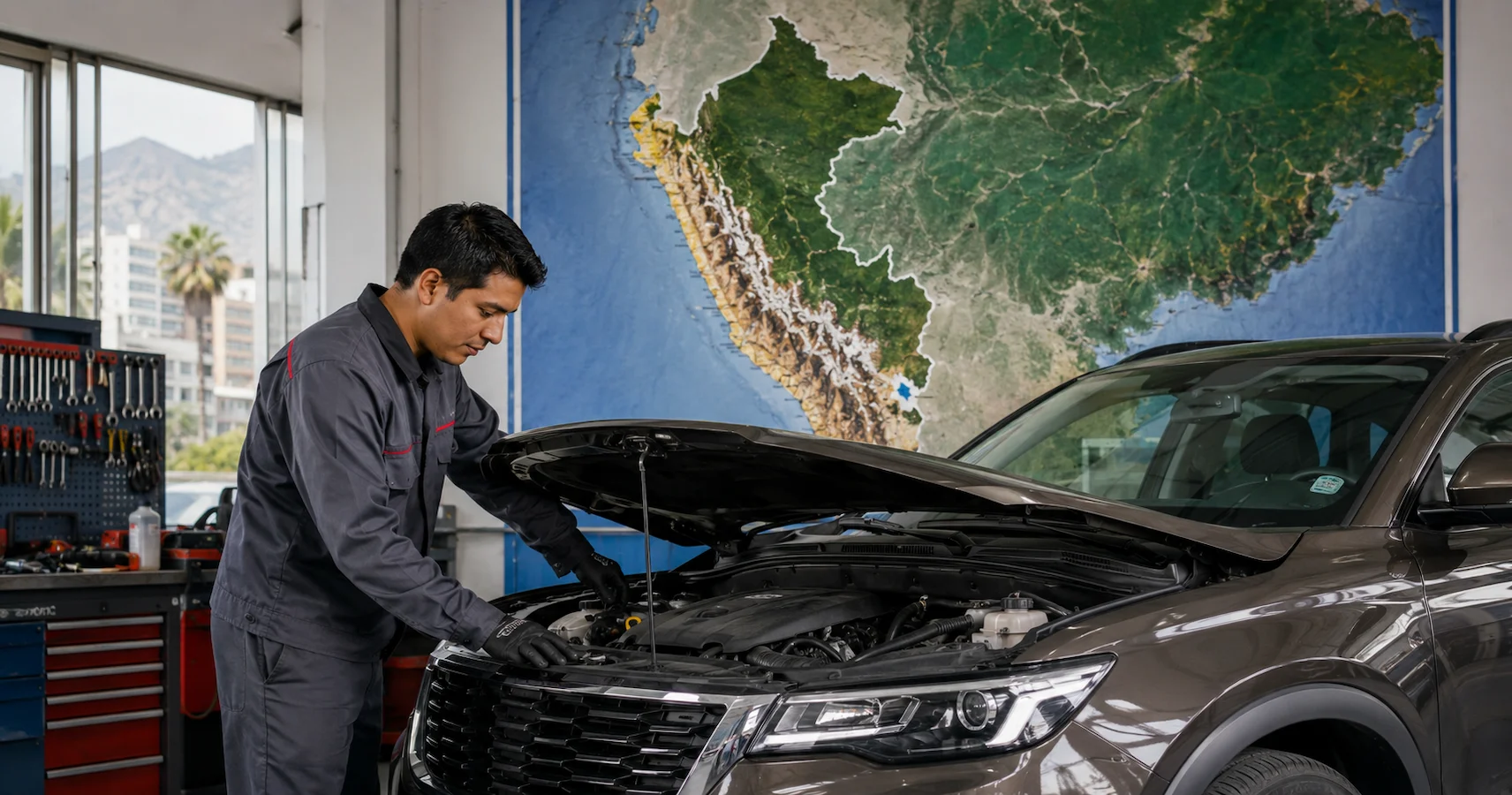 Mecánico peruano revisando el motor de un auto con el capó abierto en un taller de Lima con mapa del Perú al fondo