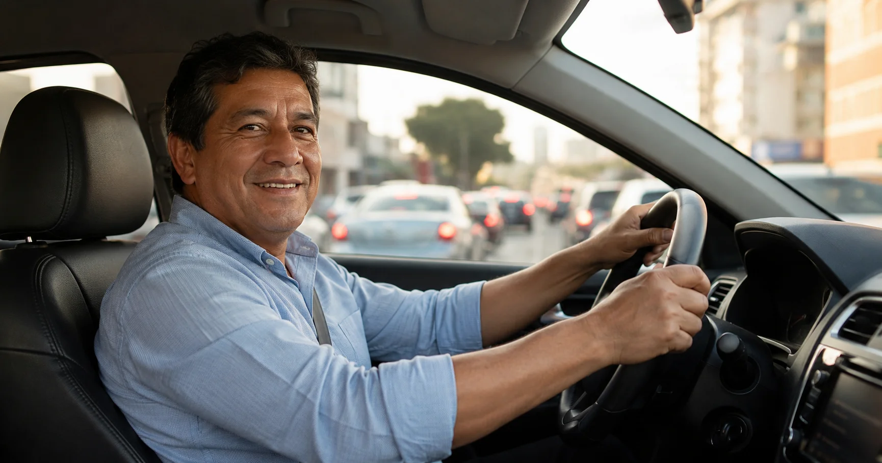 Conductor peruano en su vehículo manteniendo la calma y sonriendo en medio del tráfico congestionado de Lima durante la hora punta