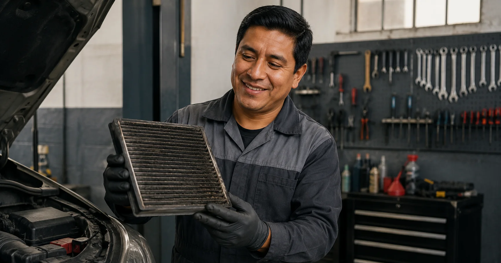 Mecánico peruano revisando y soplando un filtro de aire de motor sucio en un taller de Lima