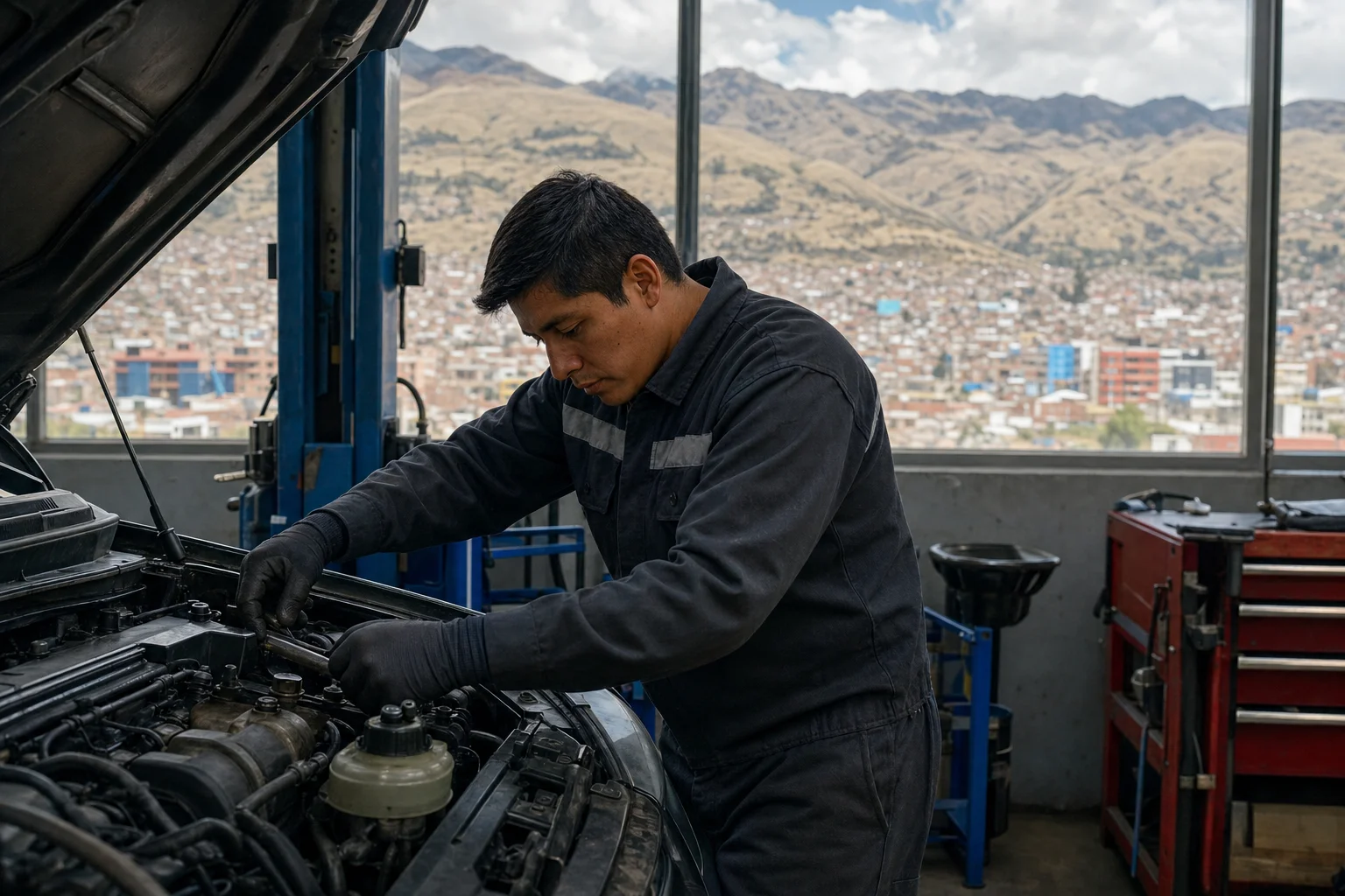 Mecánico revisando motor de auto en la sierra peruana