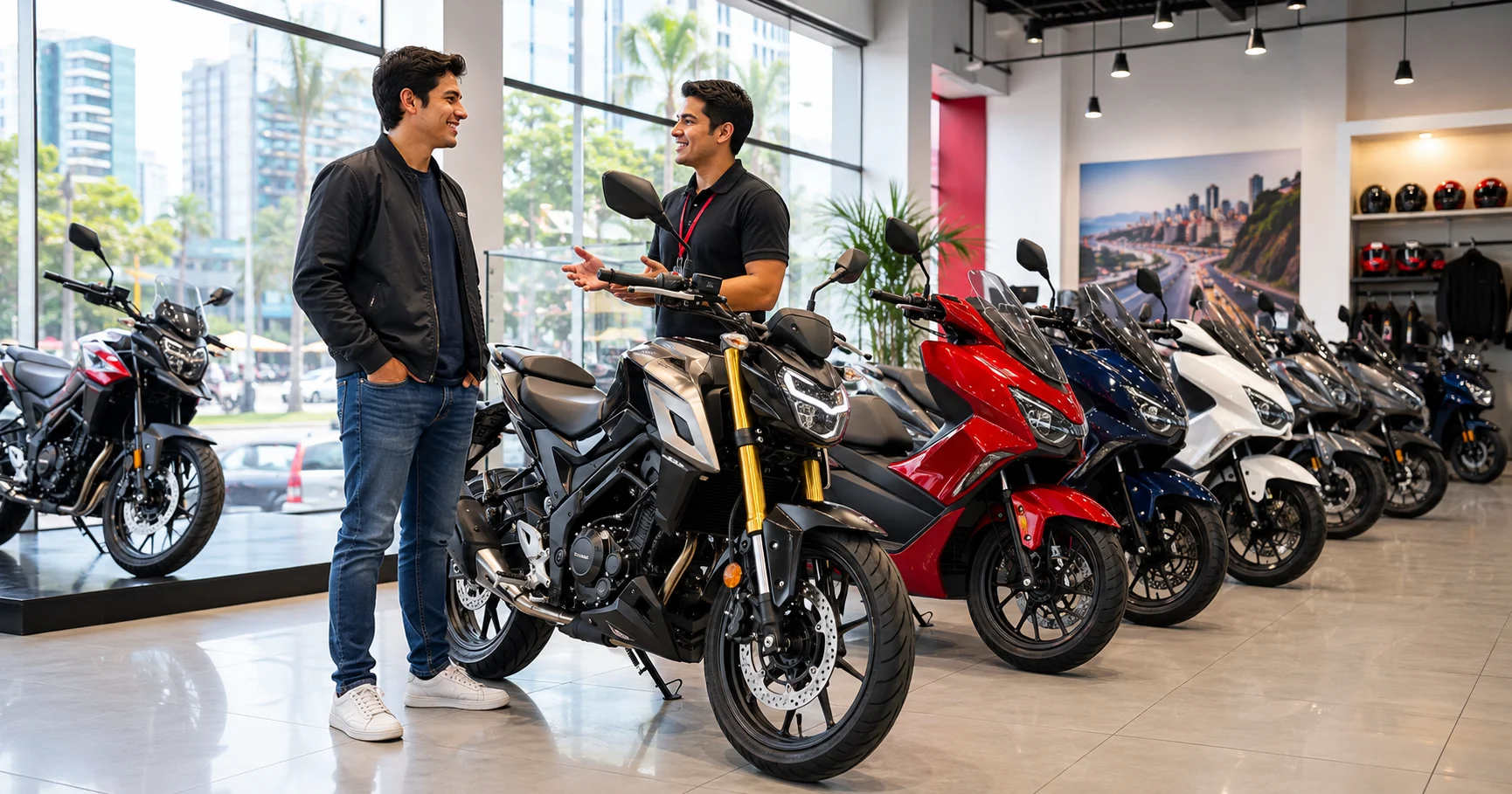 Fila de motocicletas urbanas nuevas en exhibición en un concesionario moderno de Lima con un cliente cotizando precios