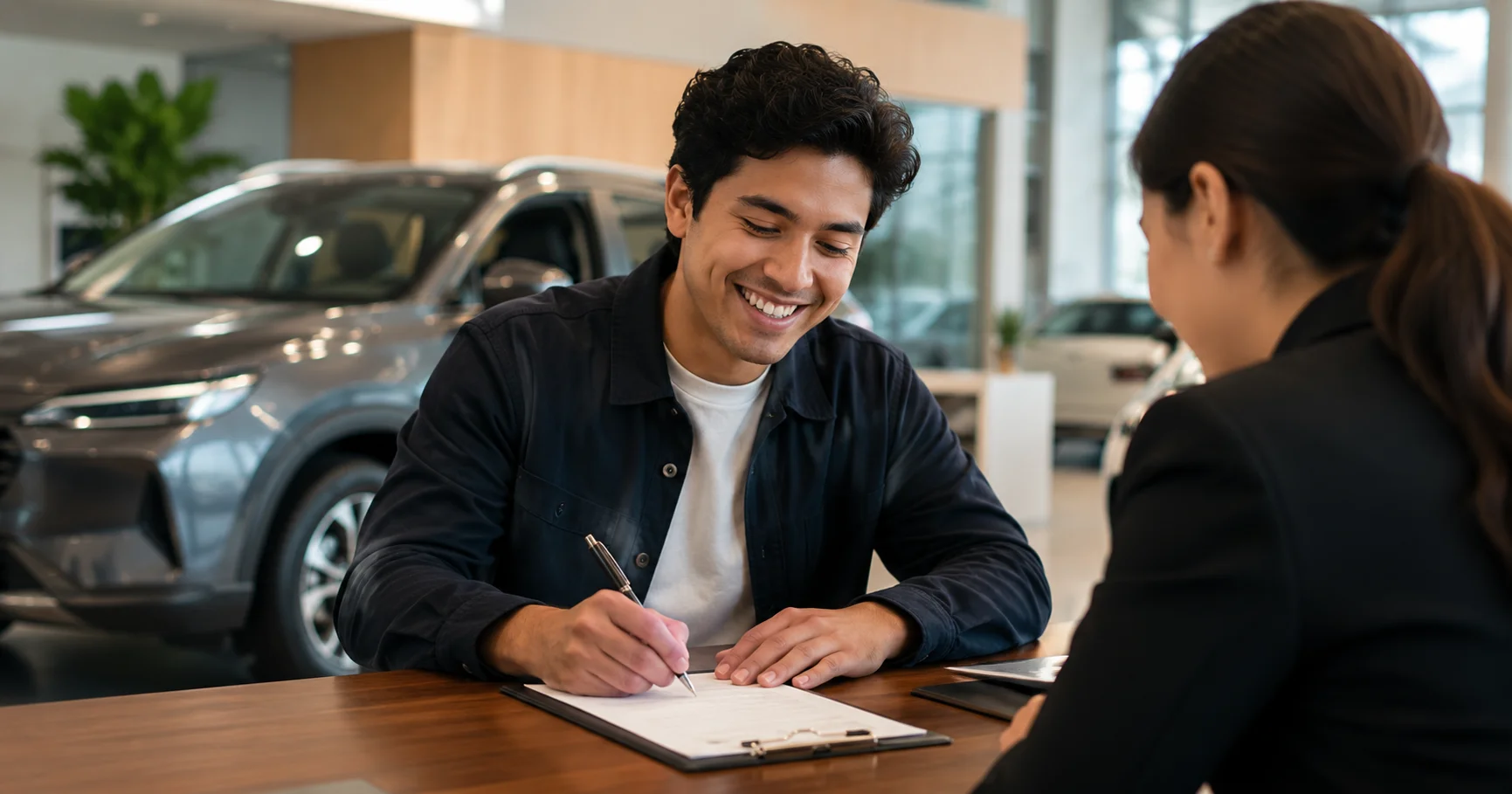 Joven peruano comprando su primer auto en una concesionaria de Lima