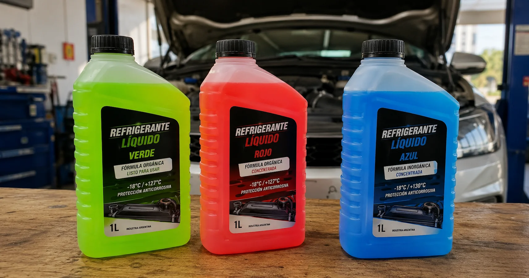 Botellas de líquido refrigerante de motor de diferentes colores (verde, rojo y azul) dispuestas sobre una mesa de taller mecánico, con un motor de fondo desenfocado