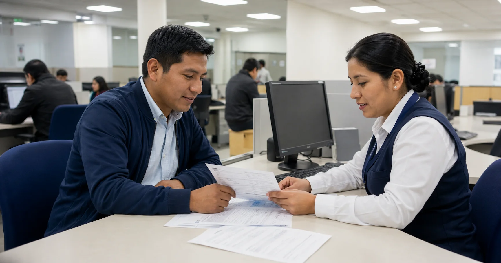 Persona peruana revisando documentos de transferencia vehicular en oficina SUNARP Lima
