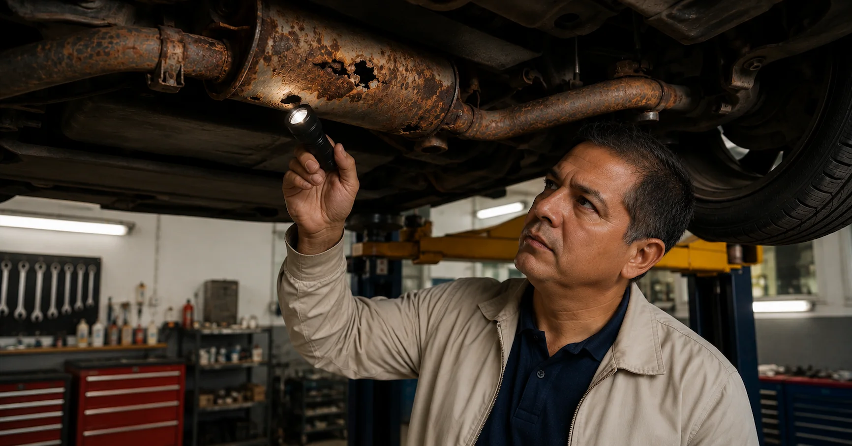 Mecánico revisando el tubo de escape oxidado de un auto en taller mecánico de Lima