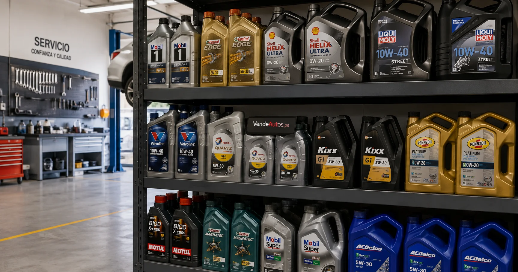 Garrafas de aceite de motor de diferentes viscosidades en estantes de un taller en Lima, Perú